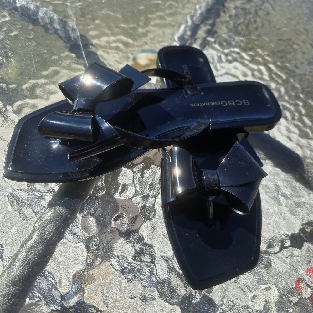BCBGeneration Glossy Black Sandals with Bow Square Toe